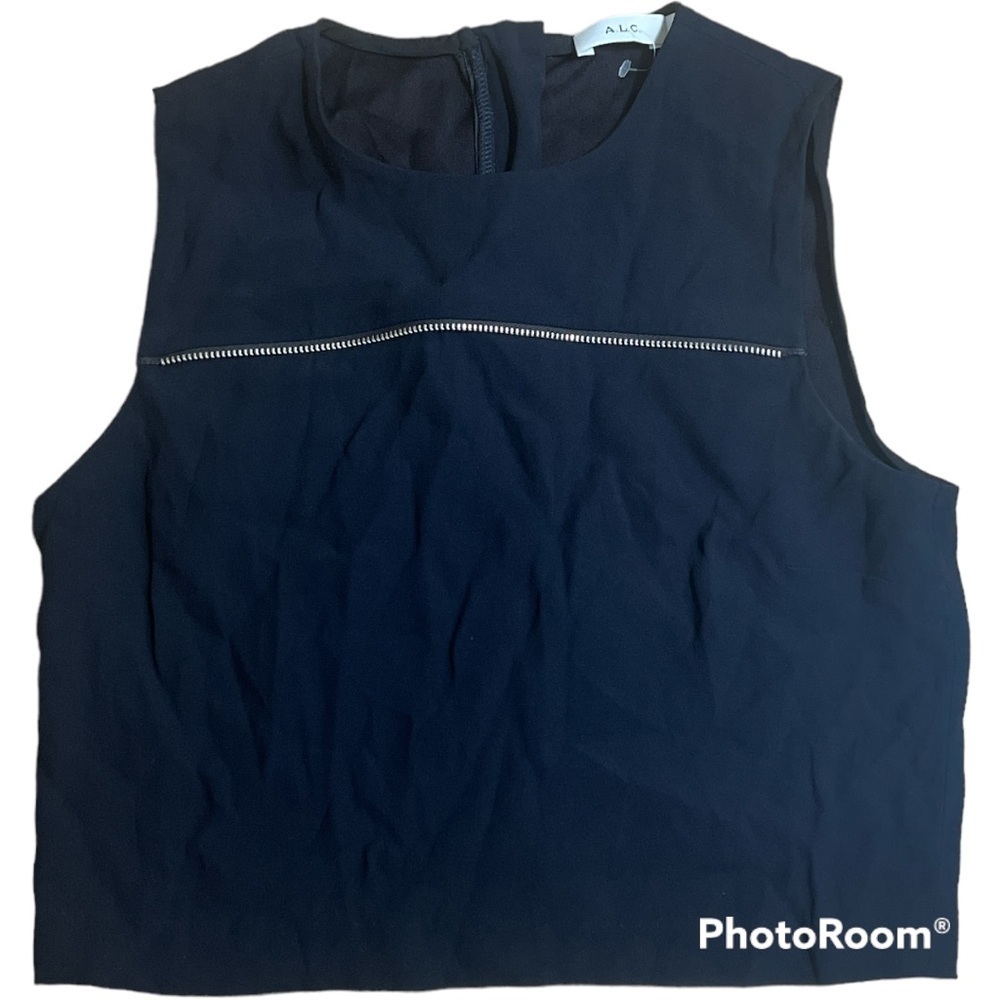 A.L.C Navy Silk Blend Crop Top Silver Zipper Detail Sleeveless Size 2